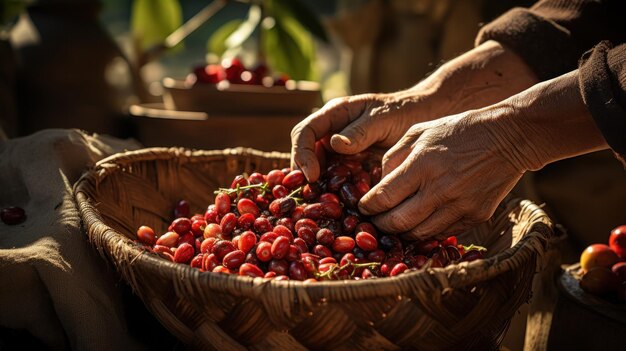 Mani umane agricoltore che seleziona imballando i chicchi di caffè rossi grezzi in un cesto operaio della piantagione di caffè selezione di chicchi arabica e robusta