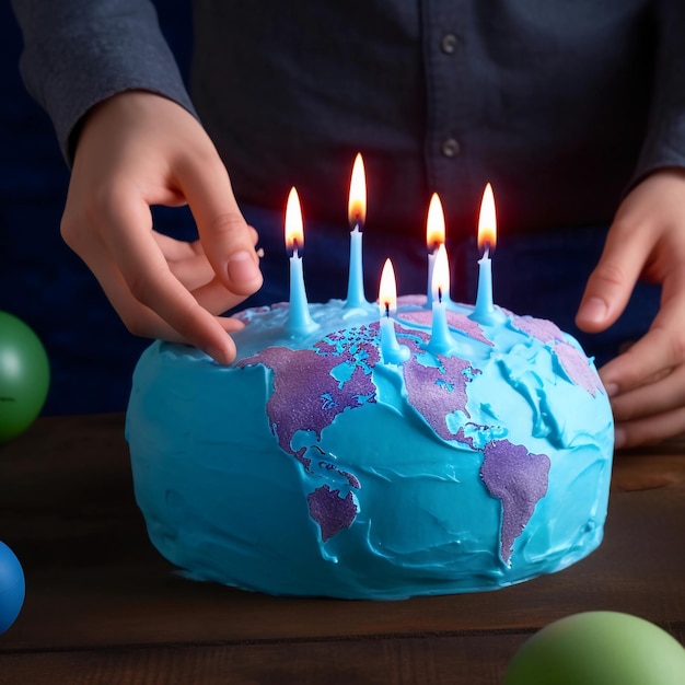 Human hands hold a cake with the continents of the planet World map Cake day World Earth Day AI