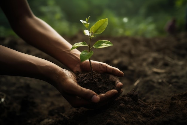人間の手は土壌の背景を持つ若い植物を保持し、思いやります世界環境デーのコンセプト