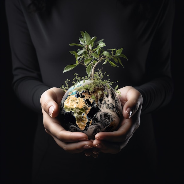 Human hands holding Earth globe with plant in it