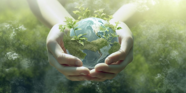 Human hands holding Earth planet with green leaves