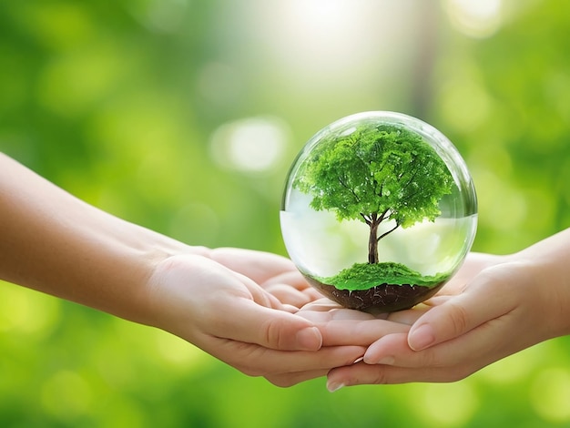 写真 緑の木が入ったガラスの球を握る人間の手 地球の日 環境保護