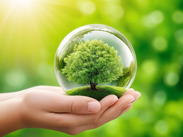 Human hands holding glass sphere with green tree inside Earth Day environment protection