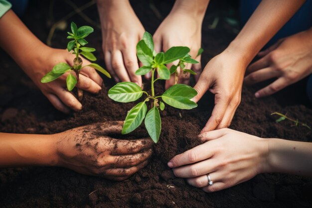 土壌に緑の植物を保持している人間の手 世界と環境のコンセプトを救う 地面に苗を植える人々のグループ クローズアップ AI 生成