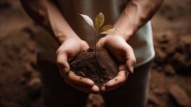 Human hands holding a green sprout in the soil ecology concept Generative AI