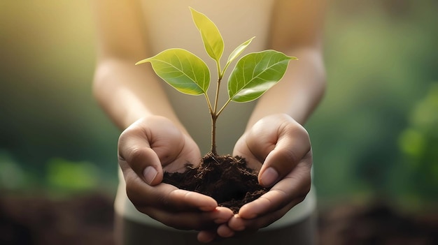 Human hands holding green sprout with soil on blurred nature background Ecology concept