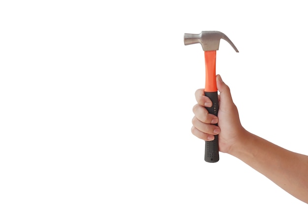 Human hands holding a hammer for repairs, isolated on a white background with the clipping path.