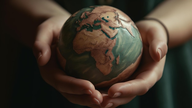 Human hands holding a small globe with plants growing out of it