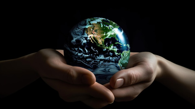 Human hands holding a small globe with plants growing out of it