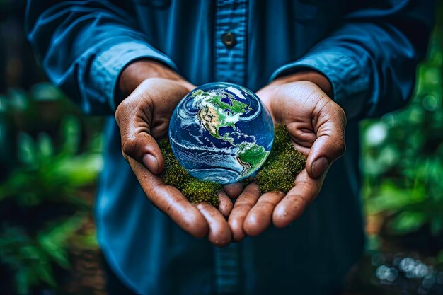 human hands holding a small round planet