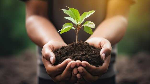 人の手が若い緑の植物を土に抱いて地球の日コンセプト