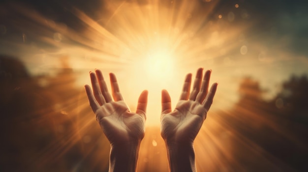 Human hands open palm up worship prayer by AI Generative