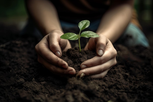 Human hands planting sprouts in greenhouse concept of farming and planting Generative Ai