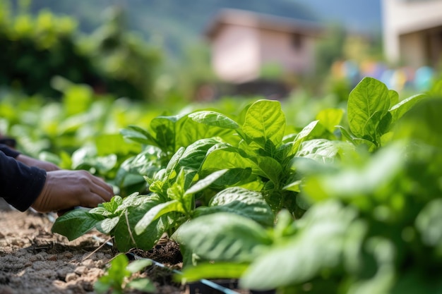 Human hands planting sprouts in greenhouse Concept of farming and planting Hands of the farmer are p