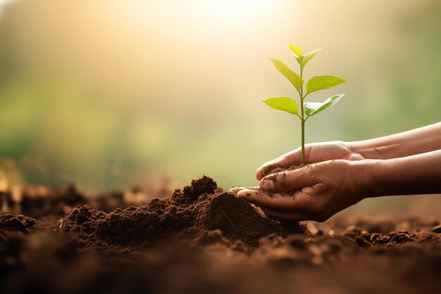 Human hands put a tree into the soil for World Environment Day concept