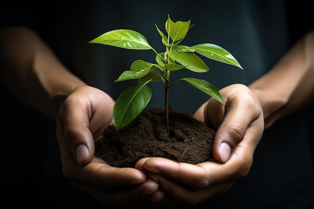 Human hands tenderly hold the plant and soil in their hands Concept of nature Illustration Generative AI