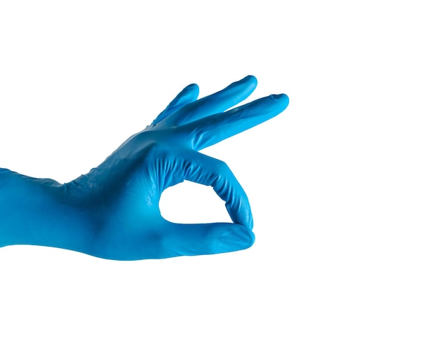 Human hands wearing Variation of latex glove medical rubber glove isolated on white background