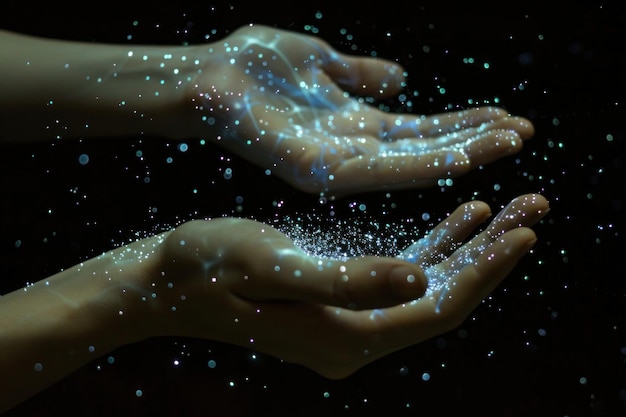 Photo human hands with magical glow particless fly