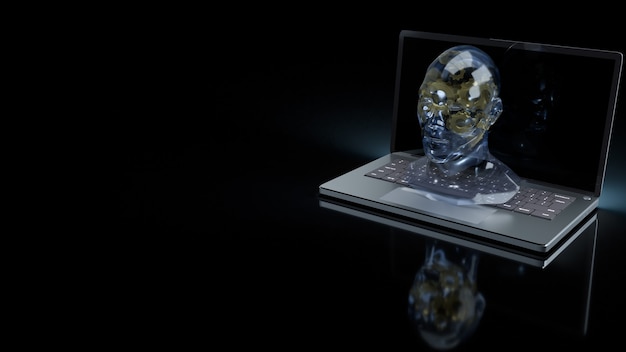 Il cristallo della testa umana e l'ingranaggio d'oro all'interno del laptop per l'apprendimento automatico o il rendering 3d dei contenuti ai