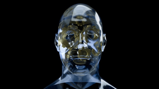 The human head crystal and gold gear inside for symbol idea content 3d rendering