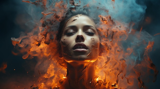 Human head on fire Mental health concept with a human whole head fracturing and exploding Generative Ai