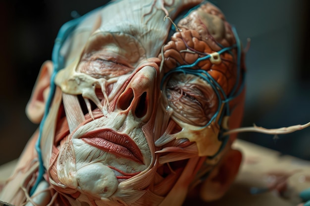 医学実験室で人間の頭のモデル 人間の身体解剖学のクローズアップ