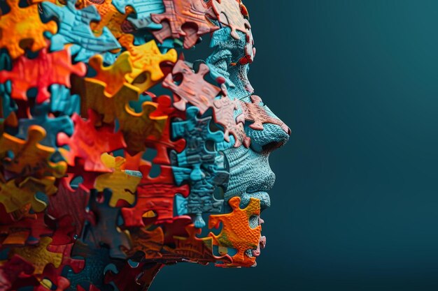 A human head shape assembled using interconnected puzzle pieces symbolizing complexity and interconnectedness of the mind