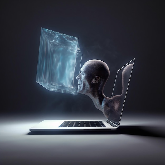 Human head sticks out from laptop and exhales hologram artificial intelligence concept