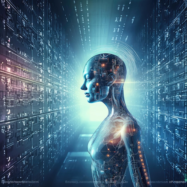 Человеческая голова используется для будущего роста ИИ в технологической сингулярности с использованием глубокого обучения Генеративный ИИ
