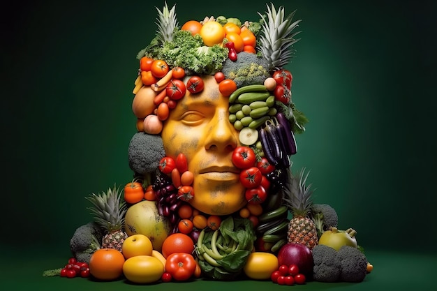 Human head of vegetarian of fruits and vegetables Concept of healthy eating with food and vegetarianism on green background Generative AI illustration