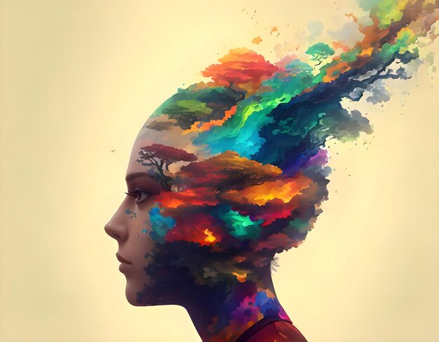 Photo human head with an artistic colorful explosion of elements like trees animals and abstract shapes