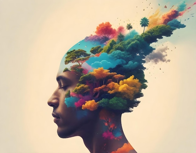 Photo human head with an artistic colorful explosion of elements like trees animals and abstract shapes