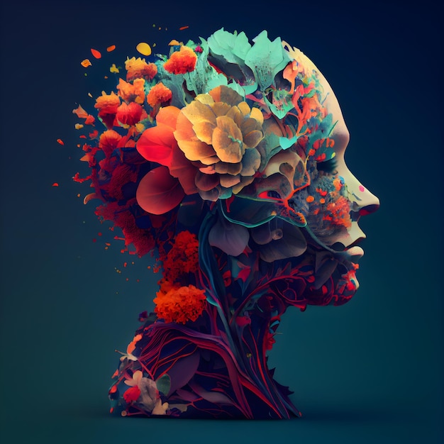 Human head with colorful flowers on dark background 3D illustration