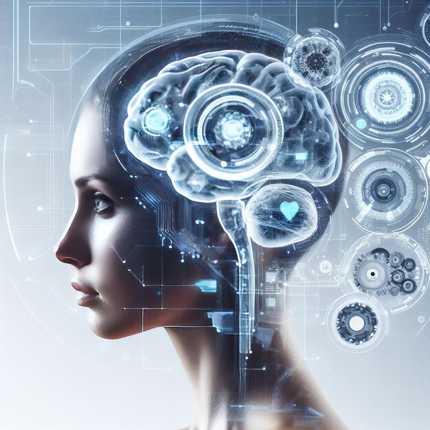 human head with embedded digital artificial intelligence integration and coordination of intellectual technology