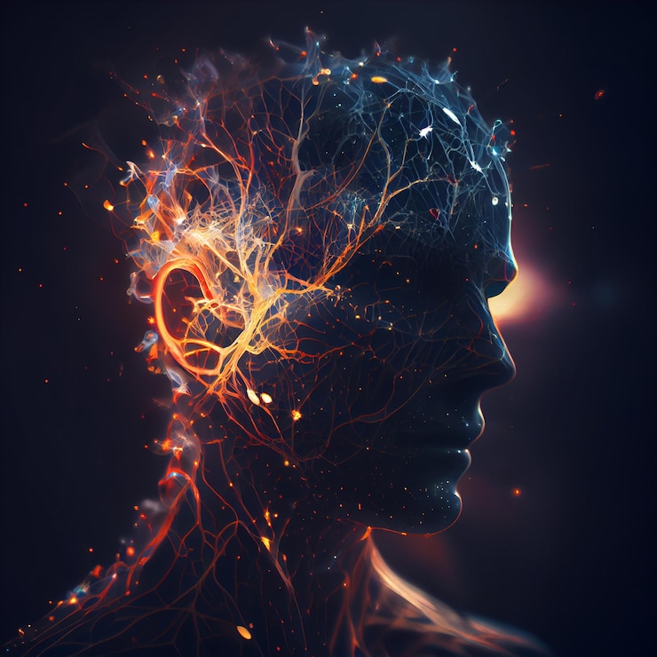 脳に光るニューロンを持つ人間の頭難解で瞑想の概念他の世界との接続生成 ai