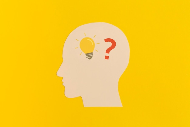 Human head with a question mark and lightbulb on yellow backgroundkground