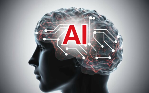 a human head with a red letter that says Ai Ai technology in brain a graphic of an all blue and