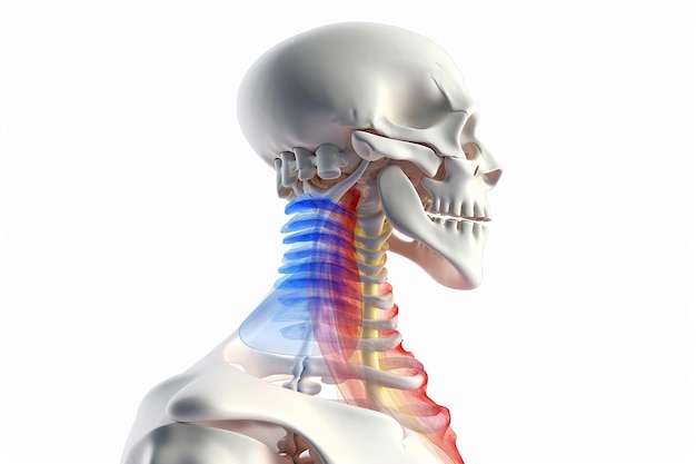 A human head with a skeleton and the bones of the neck are labeled'neck bones '