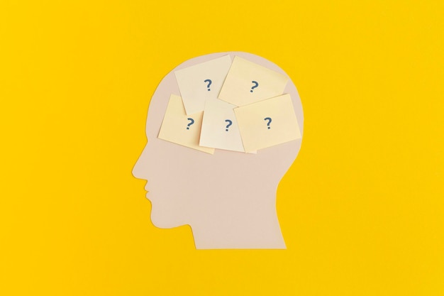 Human head with sticky notes on yellow background