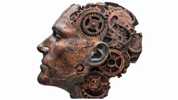 Photo a human head with a toothed clockwork mechanism the concept of thinking decisionmaking