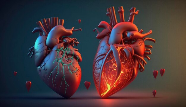 Человеческое сердце 3d реалистично изолировано Анатомически правильное сердце с сосудистой системой Человеческое сердце Сердце Внутренний орган Иллюстрация Трехмерное создание Ai