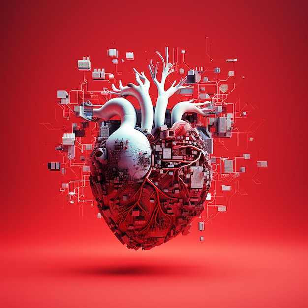 Human heart in the air with PC processor AI integration on solid red background