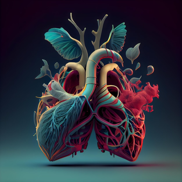 Human heart anatomy 3D rendering on dark background High quality illustration