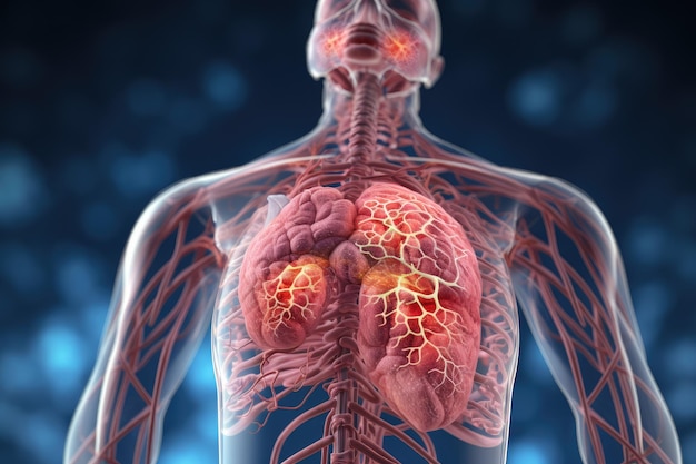 Human Heart Anatomy Longen op blauwe achtergrond 3D Rendering 3D medische illustratie van ontstoken organen in het menselijk lichaam AI gegenereerd