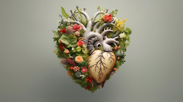 Human heart full of life flowers and plants Generative ai