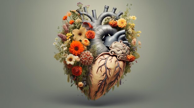 Human heart full of life flowers and plants Generative ai