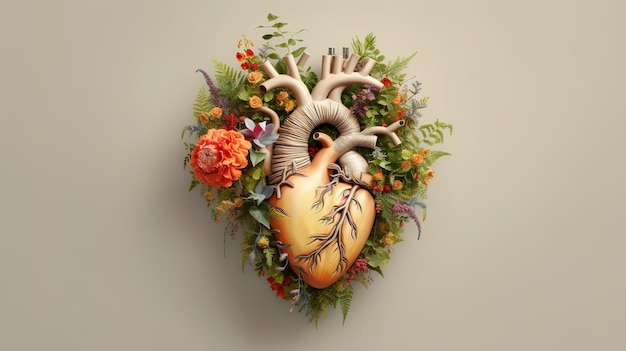 Human heart full of life flowers and plants Generative ai