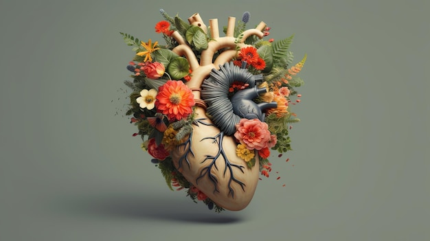 Human heart full of life flowers and plants on a neutral background Heart health concept world health day