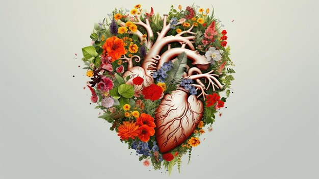 Human heart full of life flowers and plants on a neutral background Heart health concept world health day