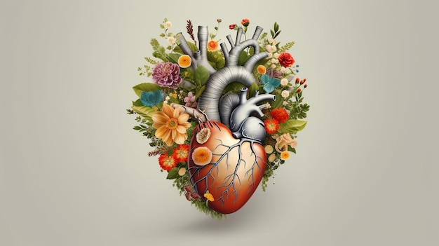 Human heart full of life flowers and plants on a neutral background Heart health concept world health day